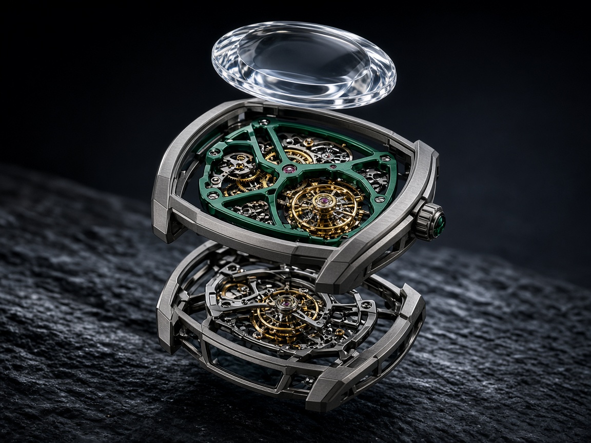 Exploded view of Calibre TLS-01 showing sapphire crystal, skeletonized green bridges, and matte titanium case