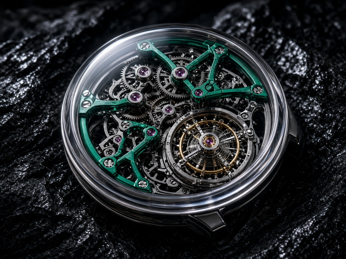 Variation 1 Veridian Biolume featuring an obsidian skeleton tourbillon with emerald titanium bridges