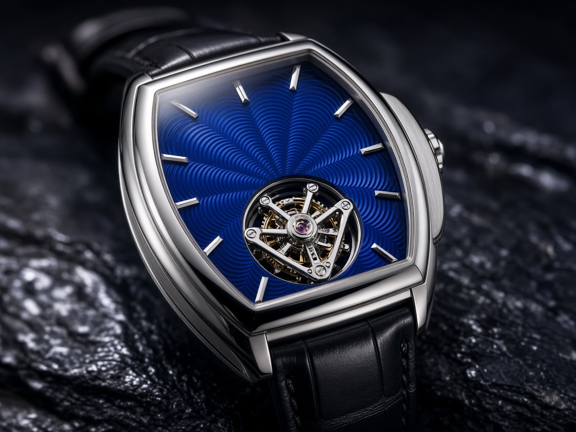Variation 2 Sovereign Salon featuring a Royal Cobalt Grand Feu Guilloche Enamel tonneau watch