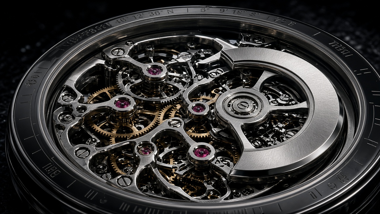 Sapphire exhibition caseback of Calibre TLS-01 showing hand-beveled bridges and engraved telemetry coordinates